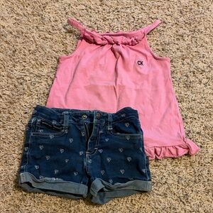 Calvin Klein Pink Ruffle Tank Top and Dark Blue Heart Denim Shorts Set